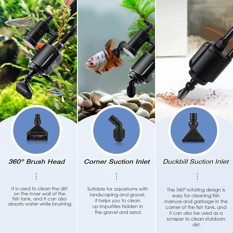 AQQA Electric Aquarium Gravel Cleaner, 6 in 1 Automatic Fish Tank Cleaning Tools Gravel Vacuum for Aquarium, Suitable for Change Water Wash Sand Water Filter and Water Circulation (320GPH, 20W) - Image 3